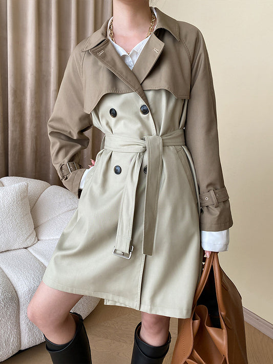 flowersverse Buttoned Contrast Color Split-Joint Tied Waist Long Sleeves Loose Lapel Trench Coats