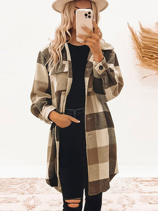 flowersverse Buttoned Plaid Long Sleeves Loose Lapel Outerwear