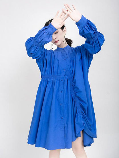 flowersverse Blue Loose Pleated Cropped Blouse Dress