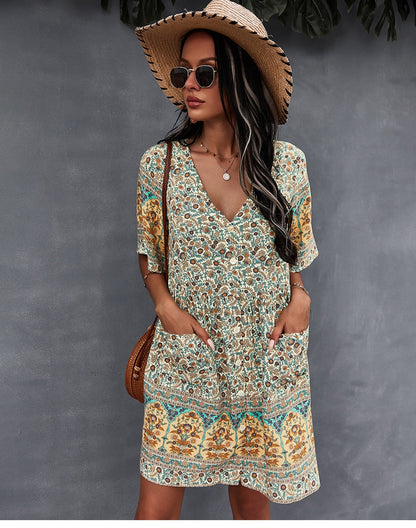 flowersverse Floral Print Summer Short Dress Women Casual V Neck Bohemian Short Sleeve Dress For Woman Fashion Sexy Spring Dress