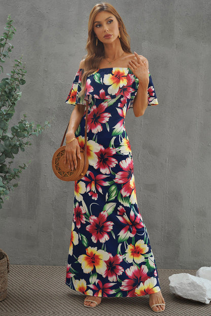 flowersverse Elegant Floral Layered Off-Shoulder Maxi Dress