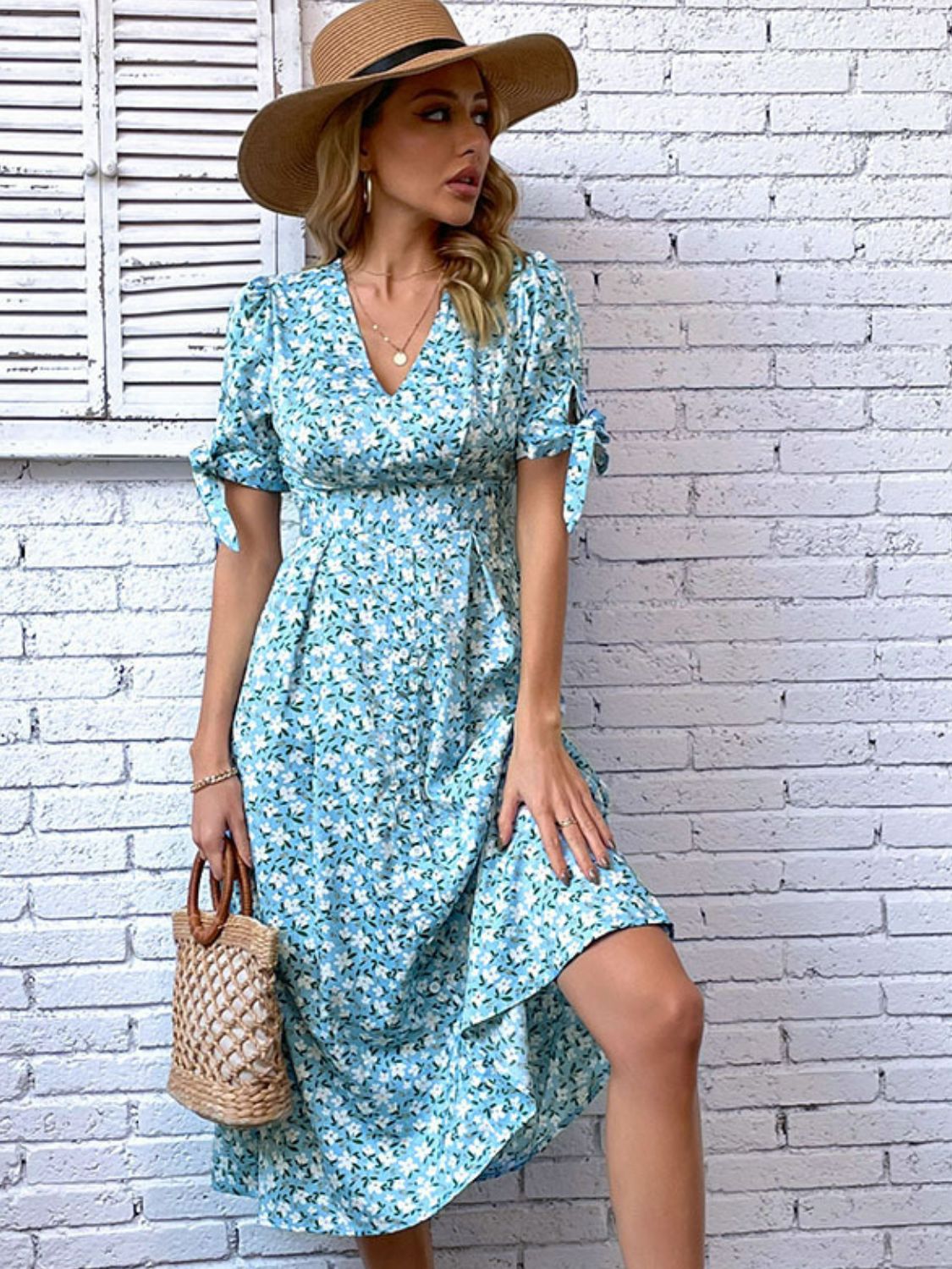 flowersverse Floral Tied Puff Sleeve V-Neck Dress