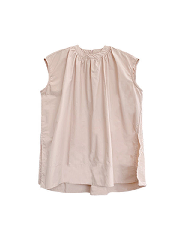 flowersverse Pleated Solid Color Split-Side Zipper Loose Sleeveless Round-Neck Blouses&Shirts Tops