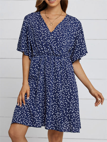 flowersverse Spring Summer Chiffon Dress Women V-Neck Love Dot Print Short Dresses Sweet Ruffle Sleeve Slim Ladies Drawstring Dress