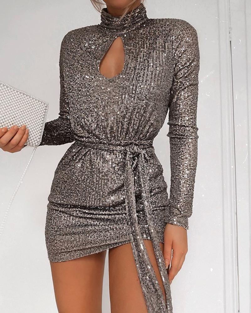 flowersverse Women Sequined Keyhole Tie Waist Dress Club Wear Party Mini Dress Asymmetric Sexy Bodycon Mini Vestidos