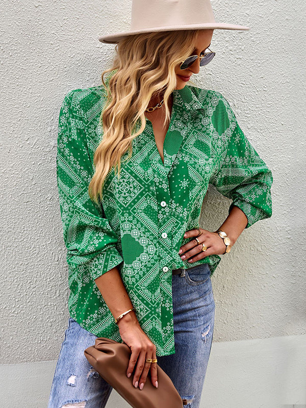 flowersverse Casual Loose Printed Lapel Collar Shirt Top