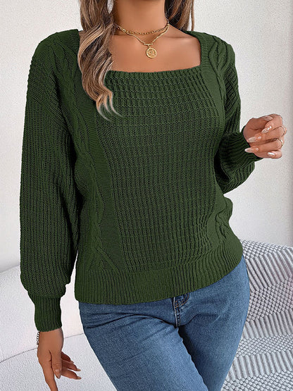 flowersverse Solid Color Long Sleeves Loose Square-Neck Sweater Tops Pullovers