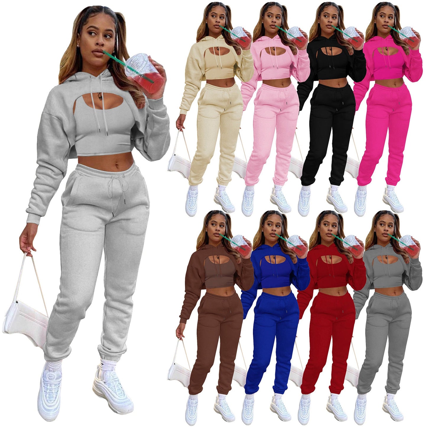 flowersverse Fashion Women's Plus Elegant Style Drawstring Hoodie Cotton Vest Jogger Pants Three-piece Wear