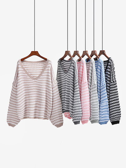 flowersverse Original Loose Striped 8 Colors V-Neck Long Sleeves Sweater Top