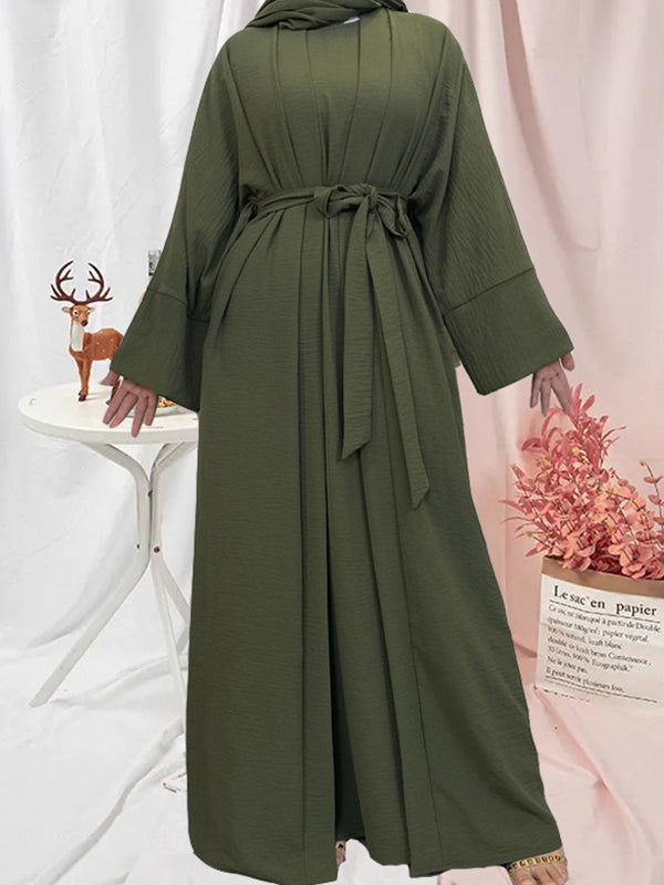 flowersverse Long Sleeves Loose Solid Color Inner Dress + Tied Waist Outerwear Two Pieces Set