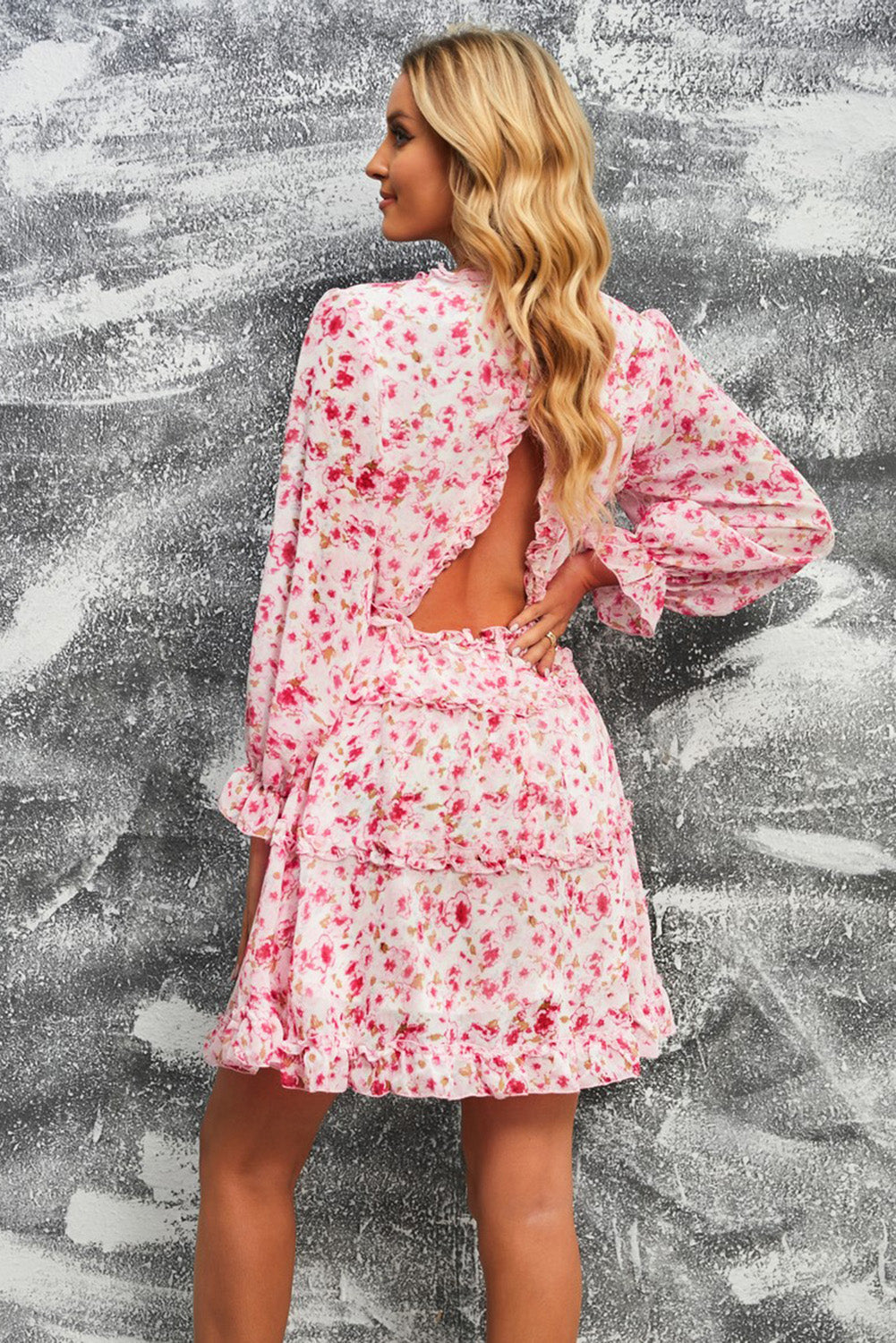 flowersverse Classy Floral Frill Trim Plunge Flounce Sleeve Mini Dress