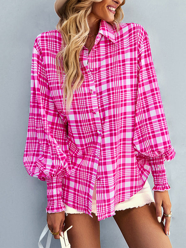 flowersverse Buttoned Contrast Color Elasticity Plaid Long Sleeves Loose Lapel Blouses&Shirts Tops