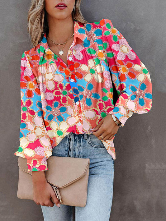 flowersverse Buttoned Flower Print Bishop Sleeve Long Sleeves Lapel Blouses&Shirts Tops