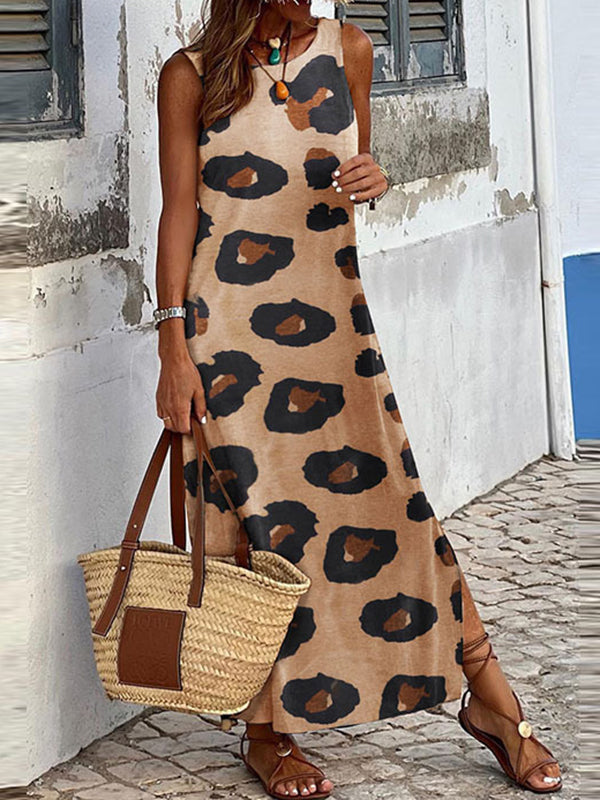 flowersverse Loose Sleeveless Leopard Printed Split-Side Round-Neck Maxi Dresses