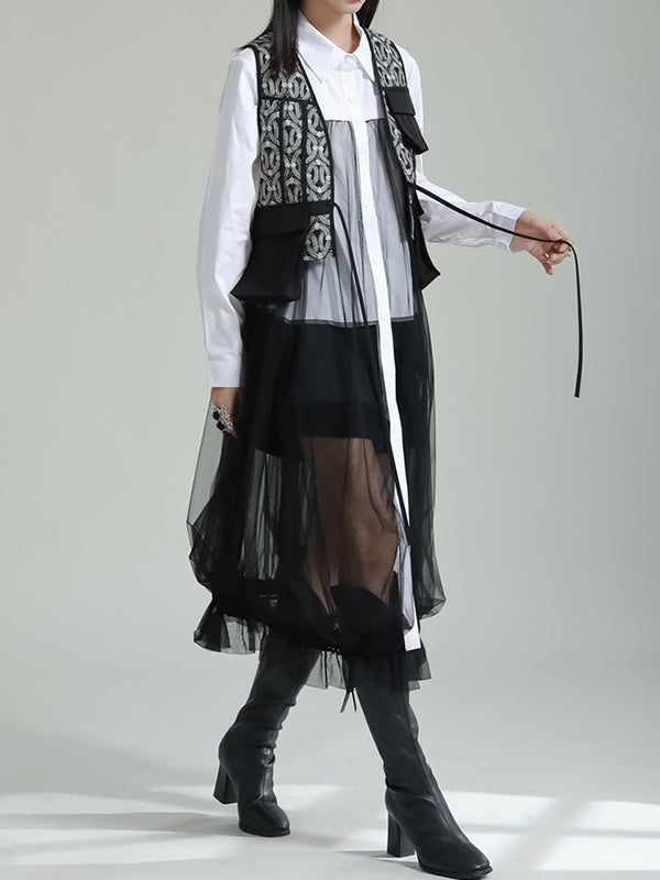 flowersverse Gauze Jacquard Split-Joint Loose V-neck Vest Outerwear