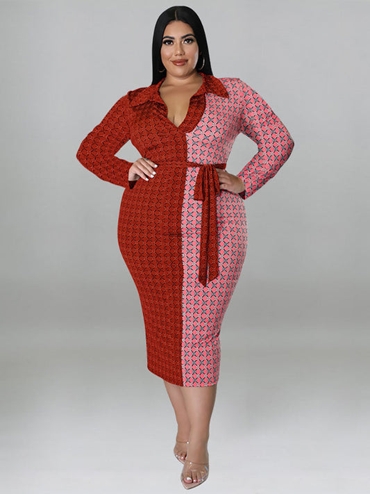 flowersverse Plus Size Color Block Belted Midi Dresses