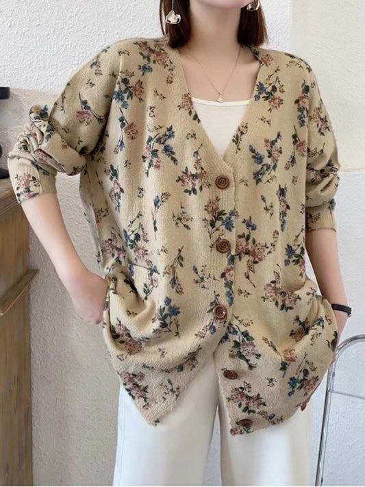 flowersverse Buttoned Knitted Flower Pockets Long Sleeves Loose V-Neck Cardigan Tops