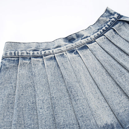 flowersverse Women High Waist Pleated Denim Skirt