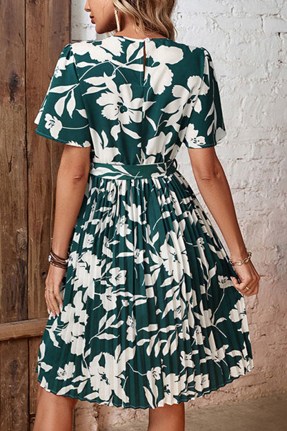 flowersverse Floral Round Neck Tie Belt Pleated Dress