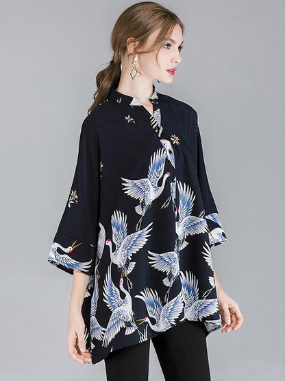 flowersverse Original Crane Printed Buttoned Stand Collar Half Sleeves Blouse