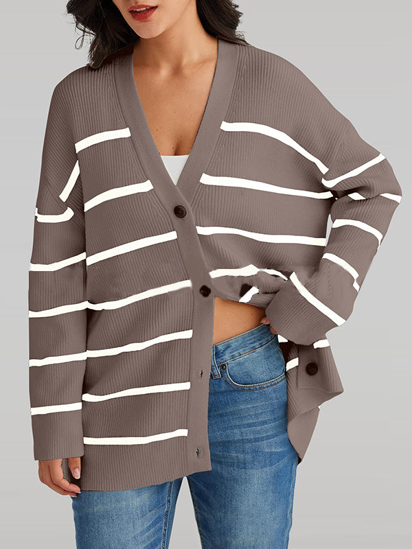 flowersverse Split-Joint Striped Long Sleeves Loose V-Neck Cardigan Tops