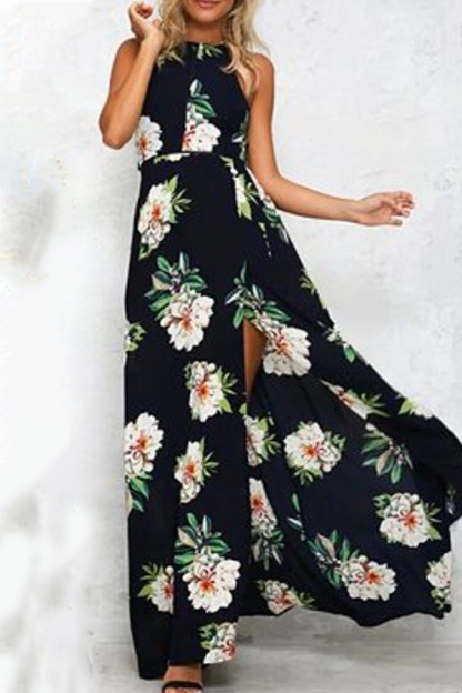 flowersverse Elegant Floral Backless Slit Strap Design Halter Dresses(3 Colors)