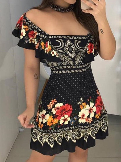 flowersverse Short Sleeve Statement Square Neck A-Line Knitting Dress