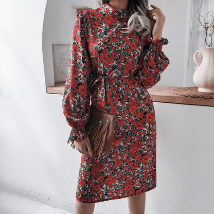 flowersverse Floral Stand Collar Lantern Long Sleeve Chiffon Dress