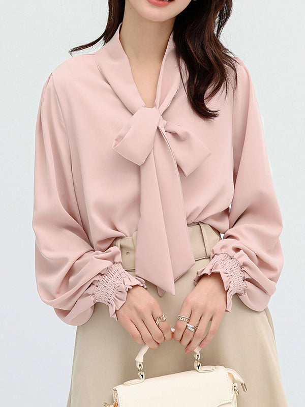 flowersverse Urban 4 Colors Split-Side Tied Puff Sleeves Blouse