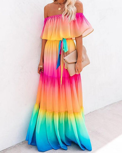 flowersverse Women's A-Line Dress Maxi Long Dress Short Sleeve Color Gradient Print Summer Elegant Rainbow