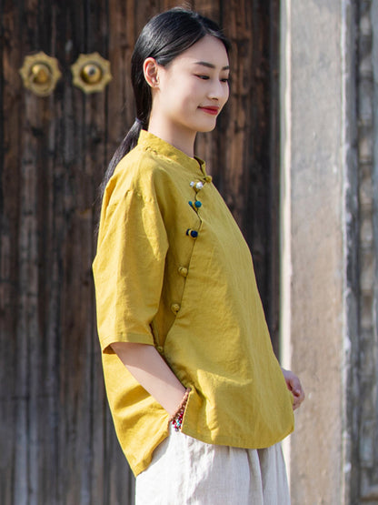 flowersverse Artistic Retro Loose Half Sleeves Buttoned Contrast Color Stand Collar Blouses&Shirts Tops