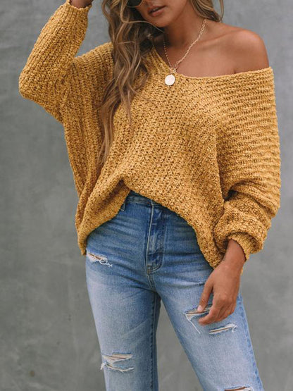 flowersverse Solid Color Long Sleeves Loose V-Neck Sweater Tops Pullovers Knitwear