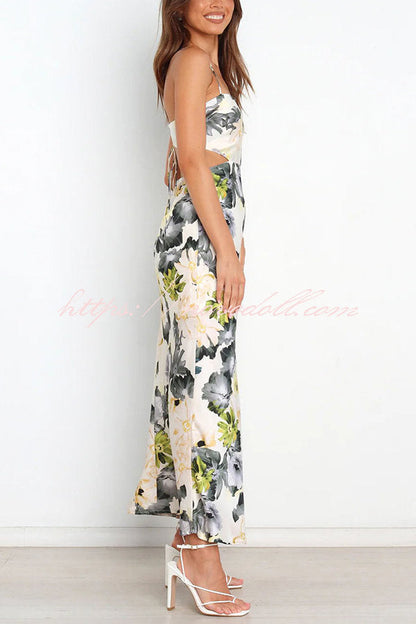 flowersverse Garden Party Floral Satin Cut Out Back Lace-up Maxi Dress