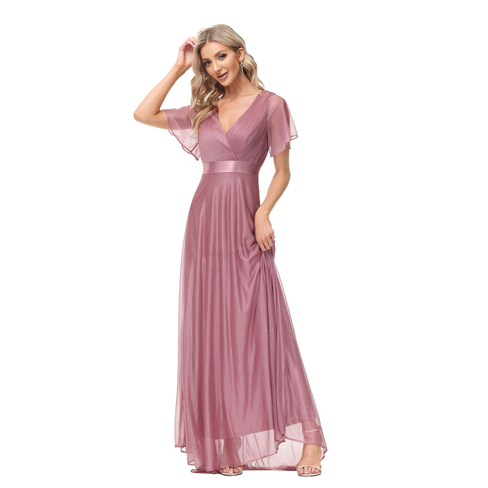 flowersverse Sparkling Party Dress Double V Neck Mesh Ruffle Sleeve Folded A Hem Fully Lined Elastic Evening Dress