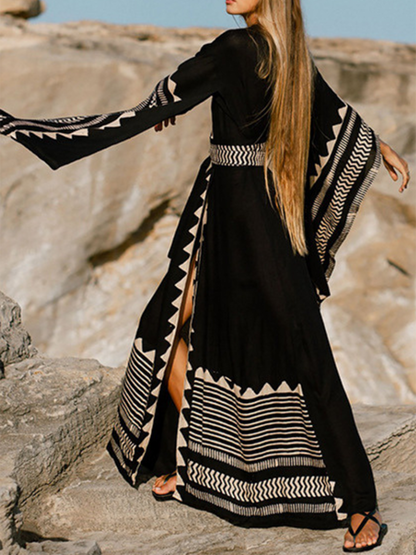 flowersverse Black Bohemia Slit Long Sleeve Beach Cover Up