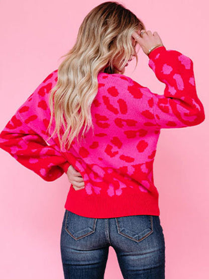 flowersverse Urban Puff Sleeves Leopard Two-Tone Round-Neck Sweater Tops