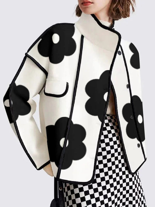 flowersverse Contrast Color Flower Print Split-Joint Long Sleeves Loose Stand Collar Outerwear