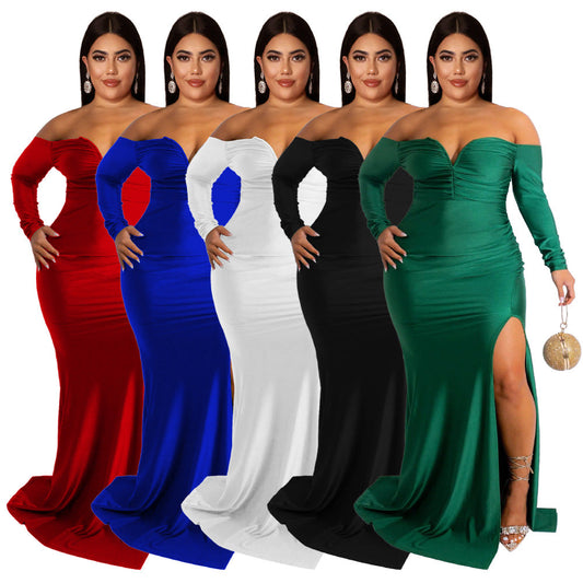 flowersverse Large Size Null Women's Sexy Nightclub V-neck Formal Pure Color Long Dress