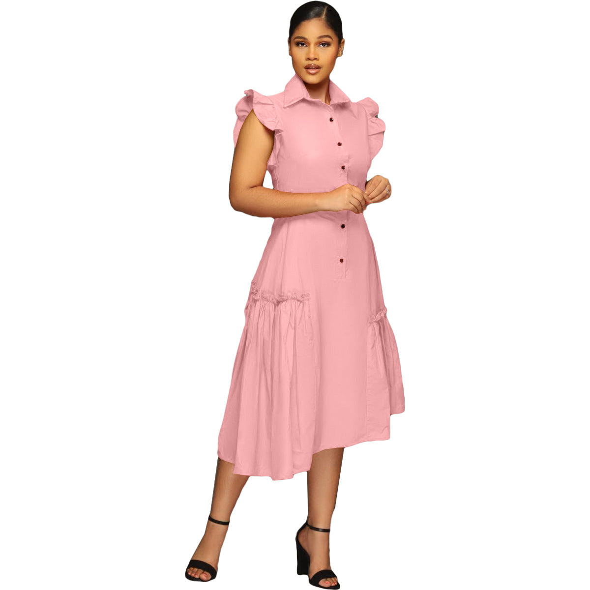 flowersverse Trendy Shirt Collar Irregular Ruffle Edge Swing Dress