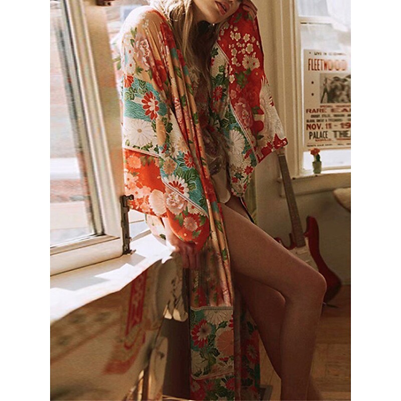 flowersverse Women's Cover Up Beach Dress Beach Wear Long Dress Maxi Dress With Belt Print Fashion Casual Floral Open Front Long Sleeve Loose Fit Outdoor Daily Light Yellow  Spring Summer One Size