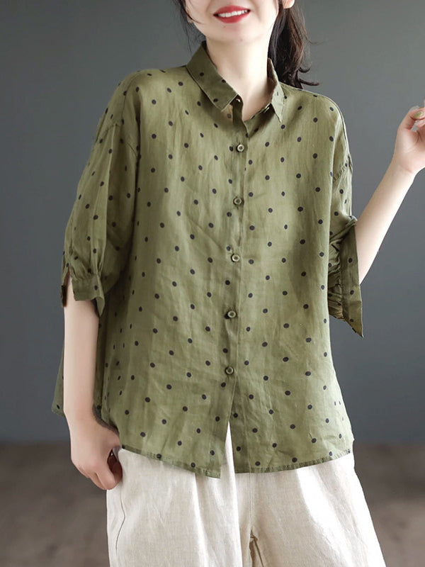 flowersverse Polka-Dot Half Sleeves Loose Lapel Blouses&shirts Tops