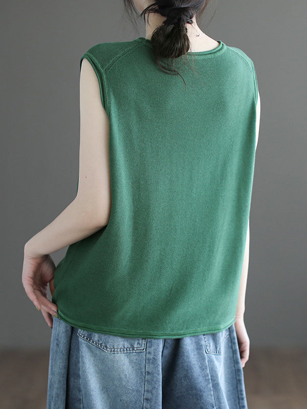 flowersverse Solid Color Loose Sleeveless Round-neck Knitting Vest Top