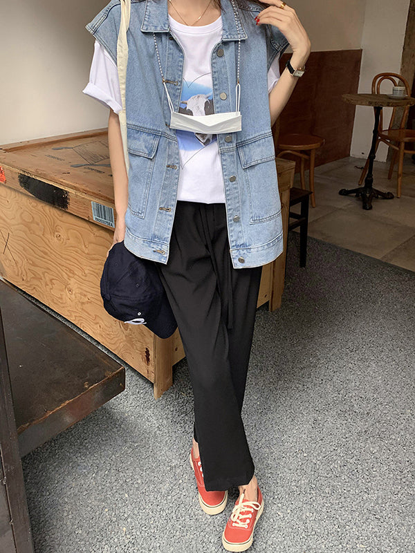 flowersverse Simple Split-Joint Solid Color Denim Vest Outerwear