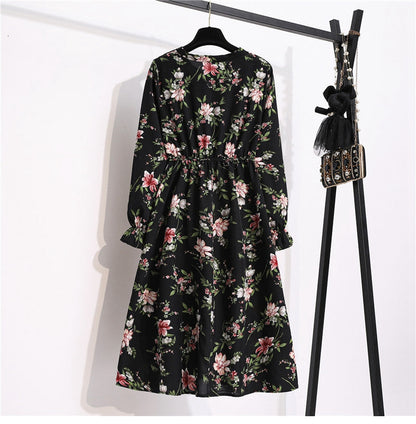 flowersverse Autumn Winter Ladies Chiffon High Elastic Waist Women Bow Aline Full Sleeve Flower Print Floral Party Dress Female Vestido