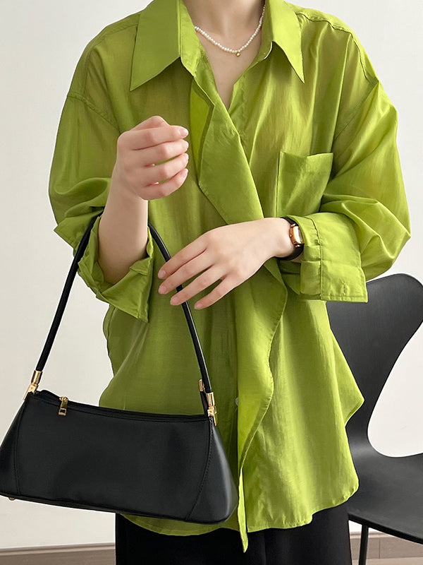 flowersverse Solid Color Irregular clipping Long Sleeves Lapel Blouses&shirts Tops