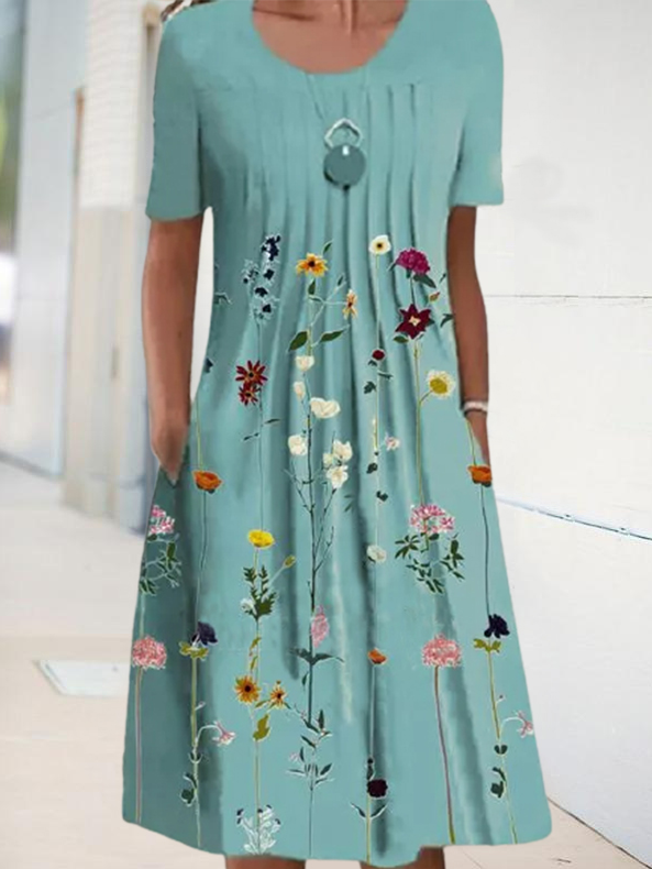 flowersverse Floral Tunic Round Neckline Midi A-line Dress