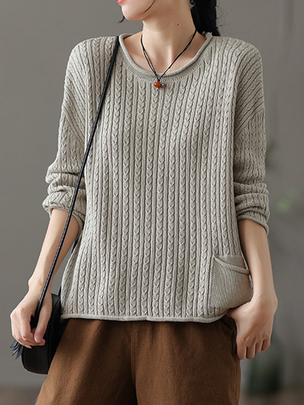 flowersverse Artistic Retro Loose Long Sleeves Jacquard Solid Color Round-Neck Sweater Tops