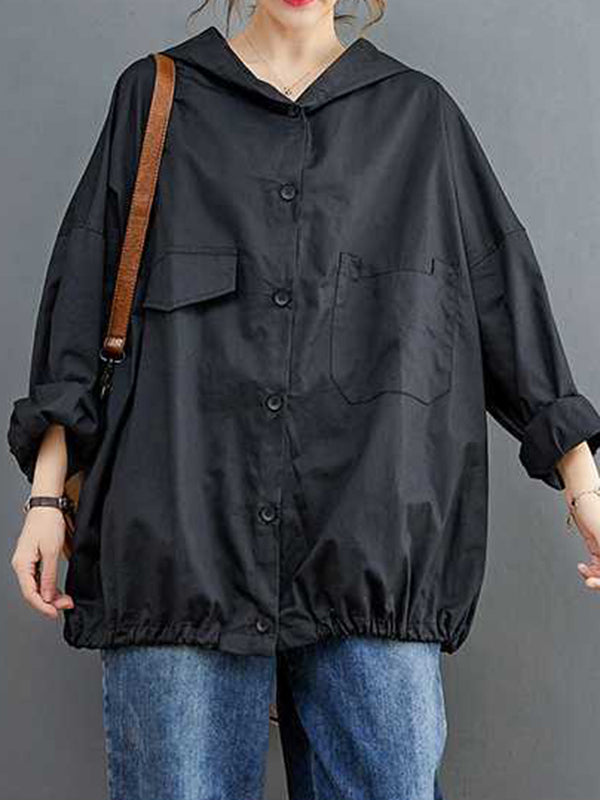 flowersverse Buttoned Pleated Pockets Solid Color Long Sleeves Loose Hooded Trench Coats Outerwear