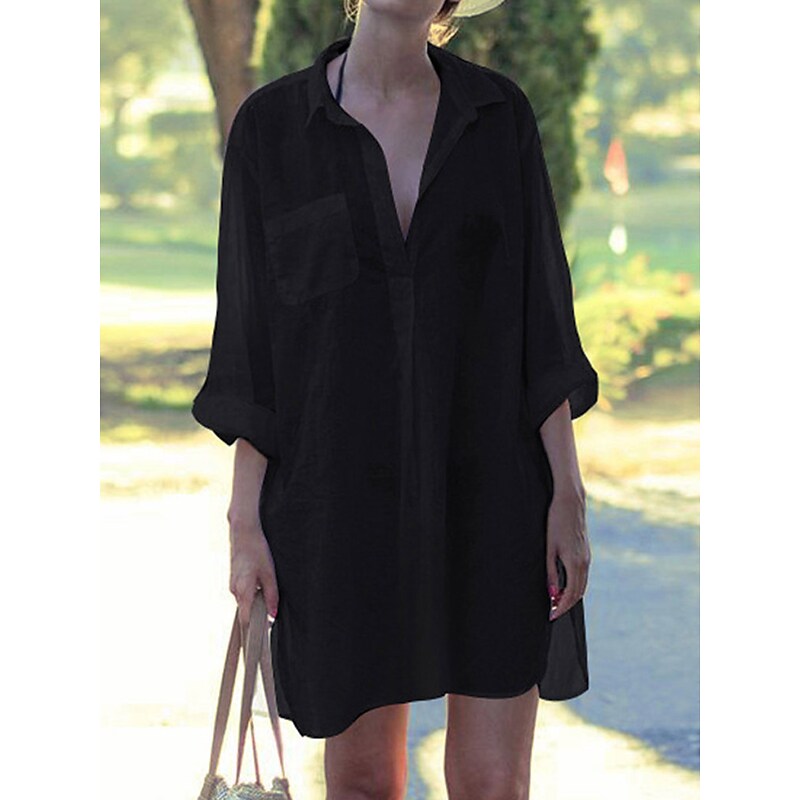 flowersverse Women's Cover Up Beach Dress Beach Wear Mini Dress Button Pocket Basic Casual Plain Stand Collar Long Sleeve Loose Fit Outdoor Daily Black White  Fall Spring One Size