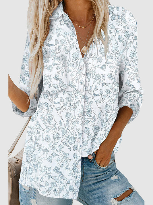 flowersverse Buttoned Flower Print Pockets High-Low Long Sleeves Lapel Blouses&Shirts Tops